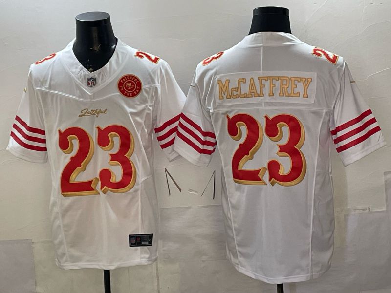 Men 2026 San Francisco 49ers #23 Mccaffrey White Gold 5th generations Nike Limited NFL Jersey style 004